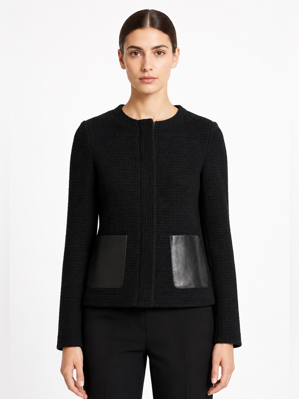 Vince black woven wool evening jacket with leather pockets size 6